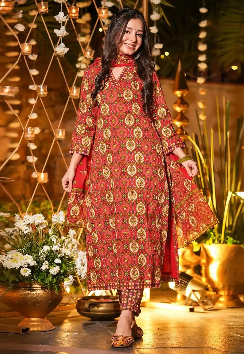 Red Muslin Readymade Pant Style Suit 320898