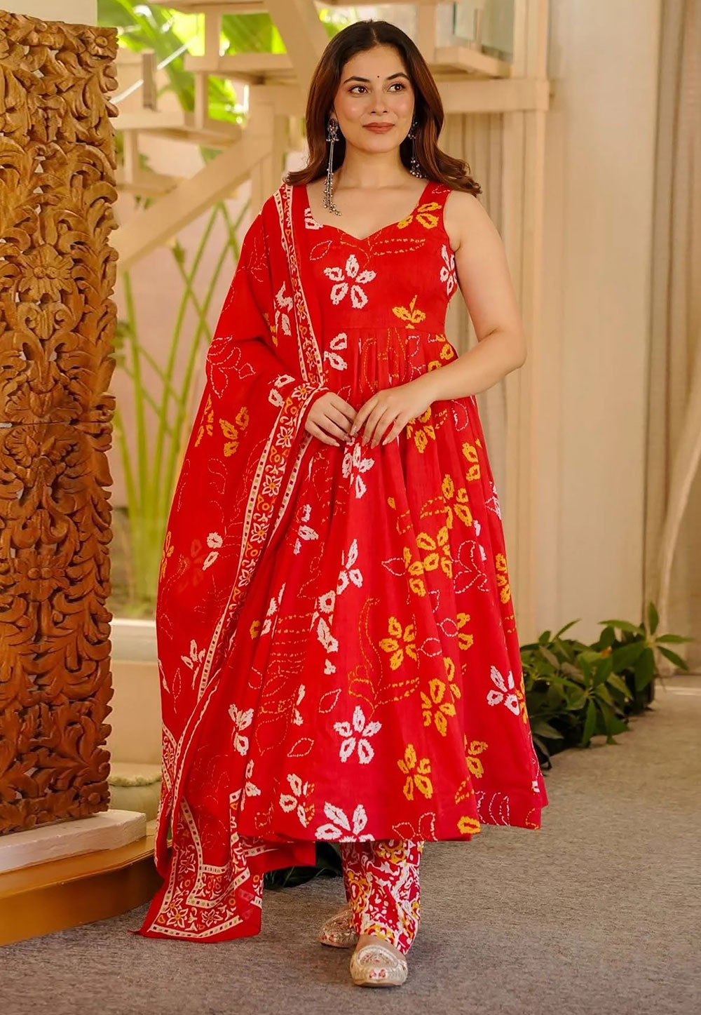 Red Muslin Readymade Pant Style Suit 329340