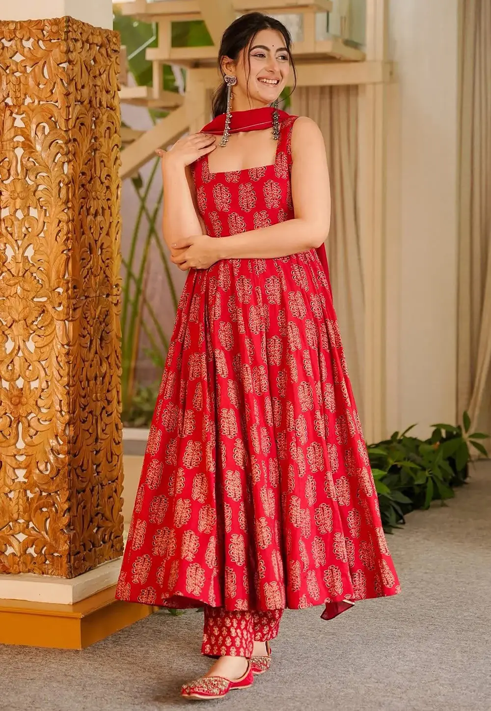 Red Muslin Readymade Pant Style Suit 331468