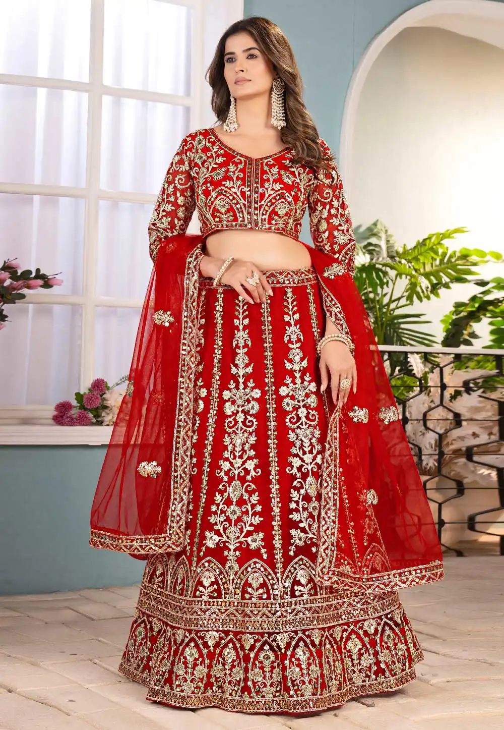 Red Net Circular Lehenga Choli 315866