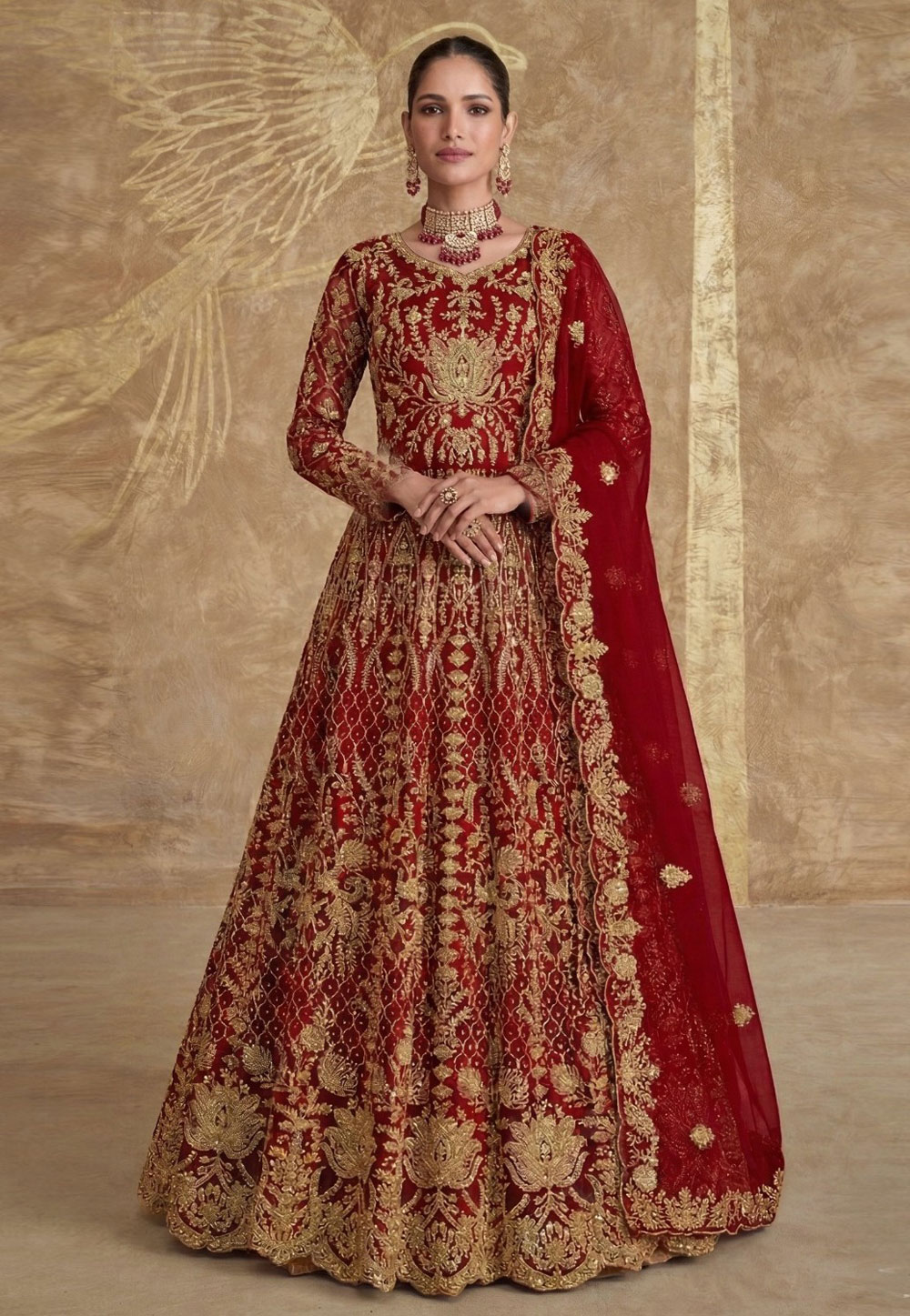 Red Net Embroidered Long Anarkali Suit 326828