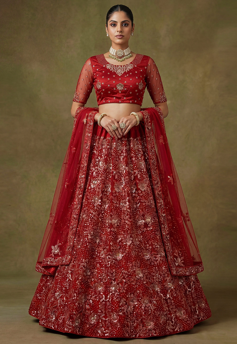 Red Net Lehenga Choli For Wedding 325781