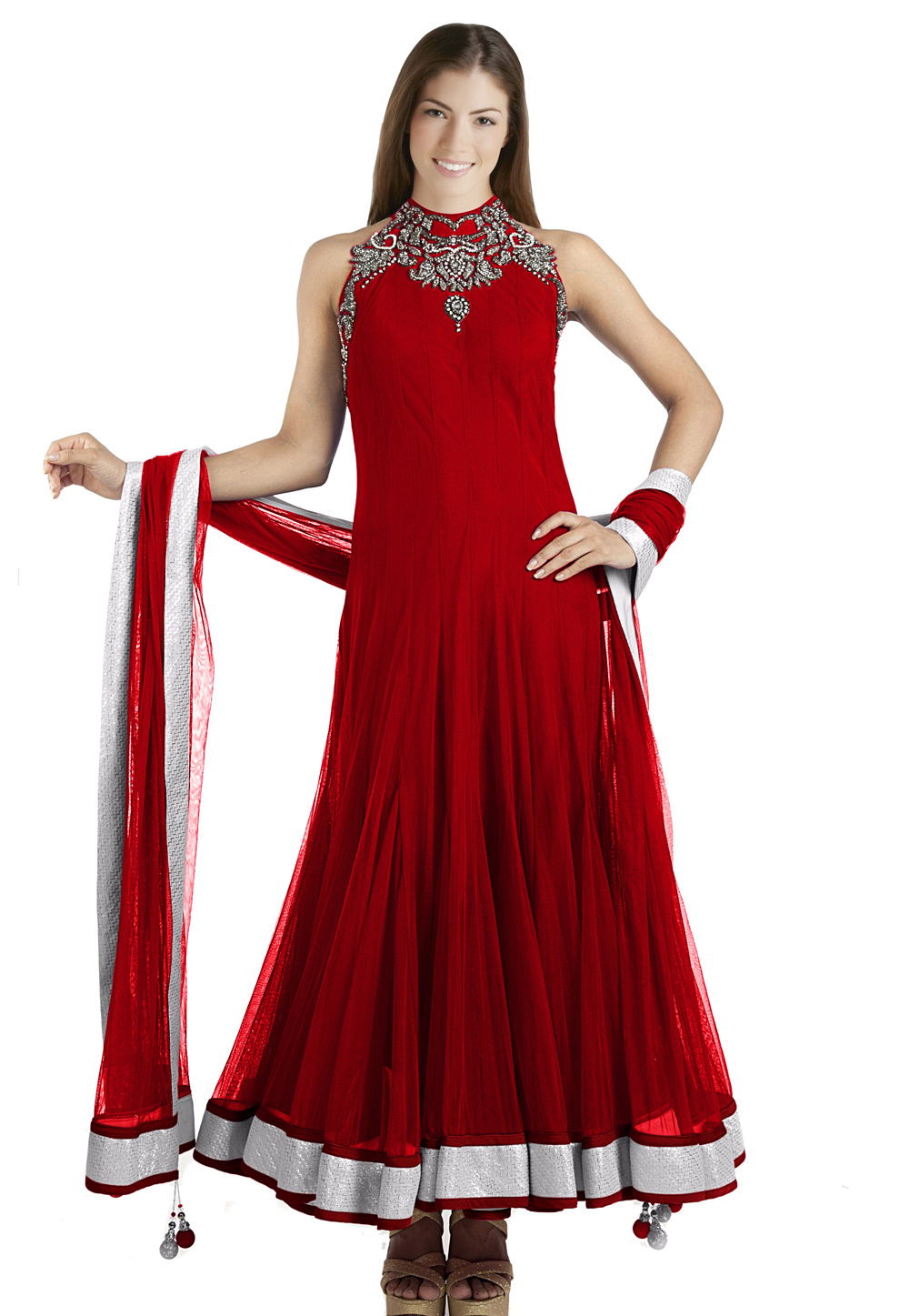 Red Net Readymade Anarkali Suit 321764