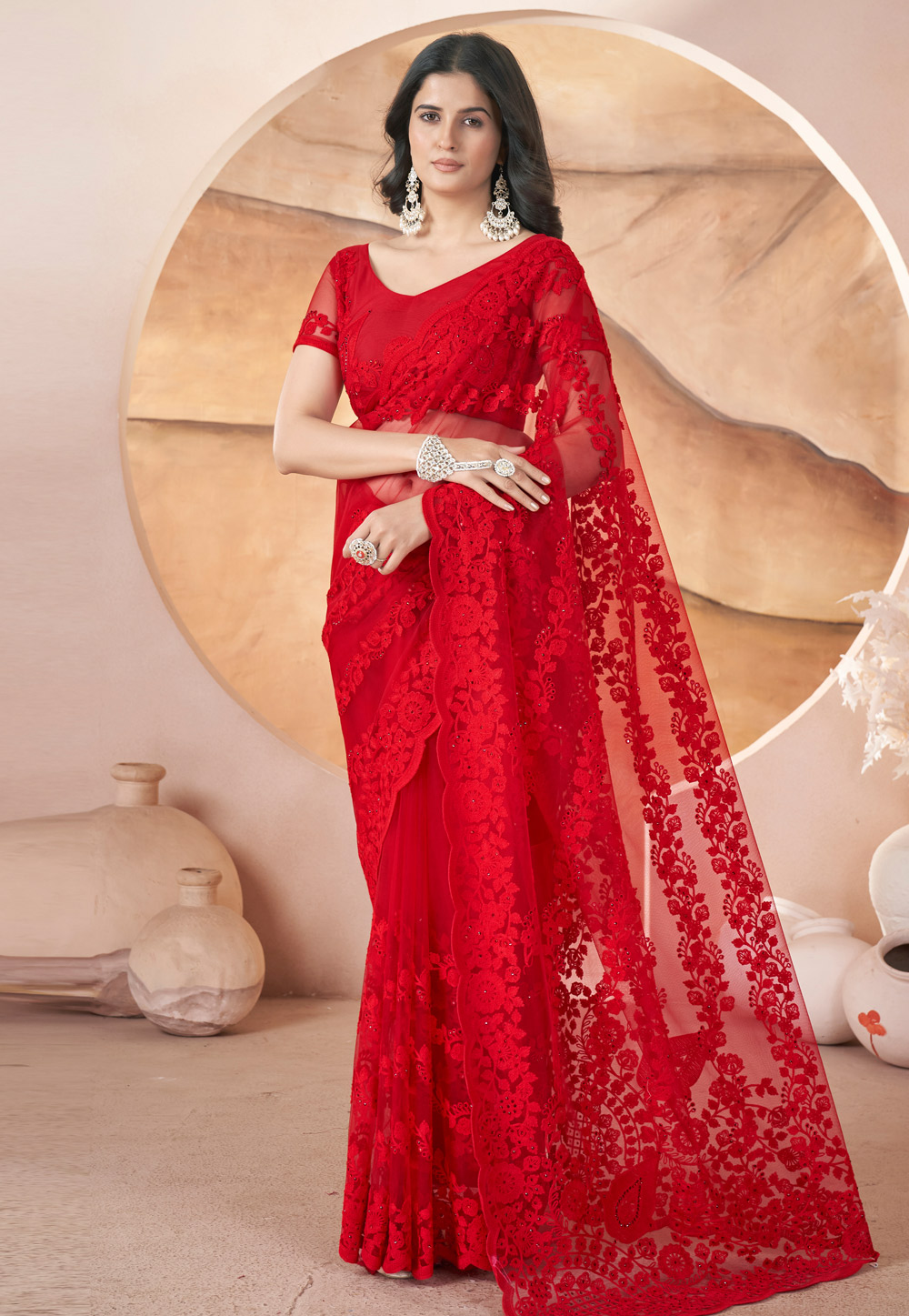 Red Net Saree With Blouse 309393