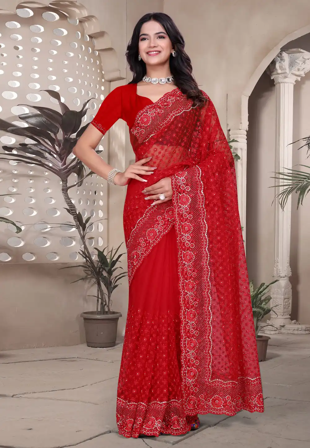 Red Net Saree With Blouse 314466