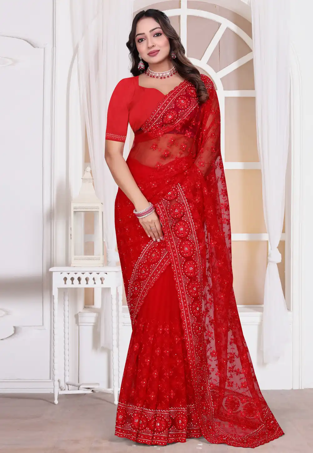 Red Net Saree With Blouse 314637