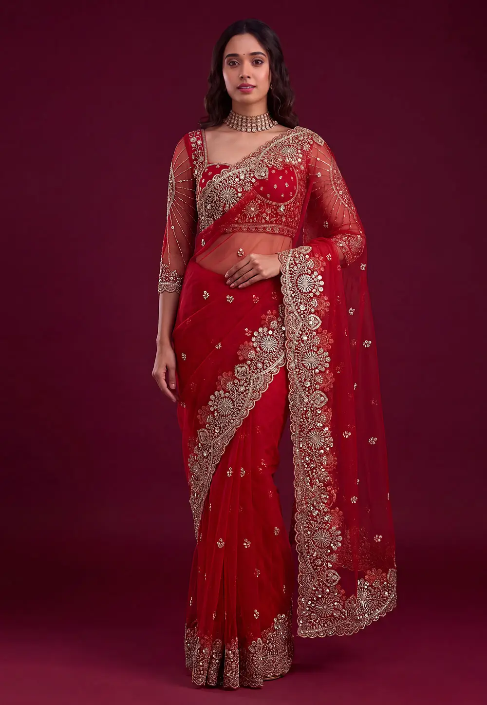 Red Net Saree With Blouse 335329