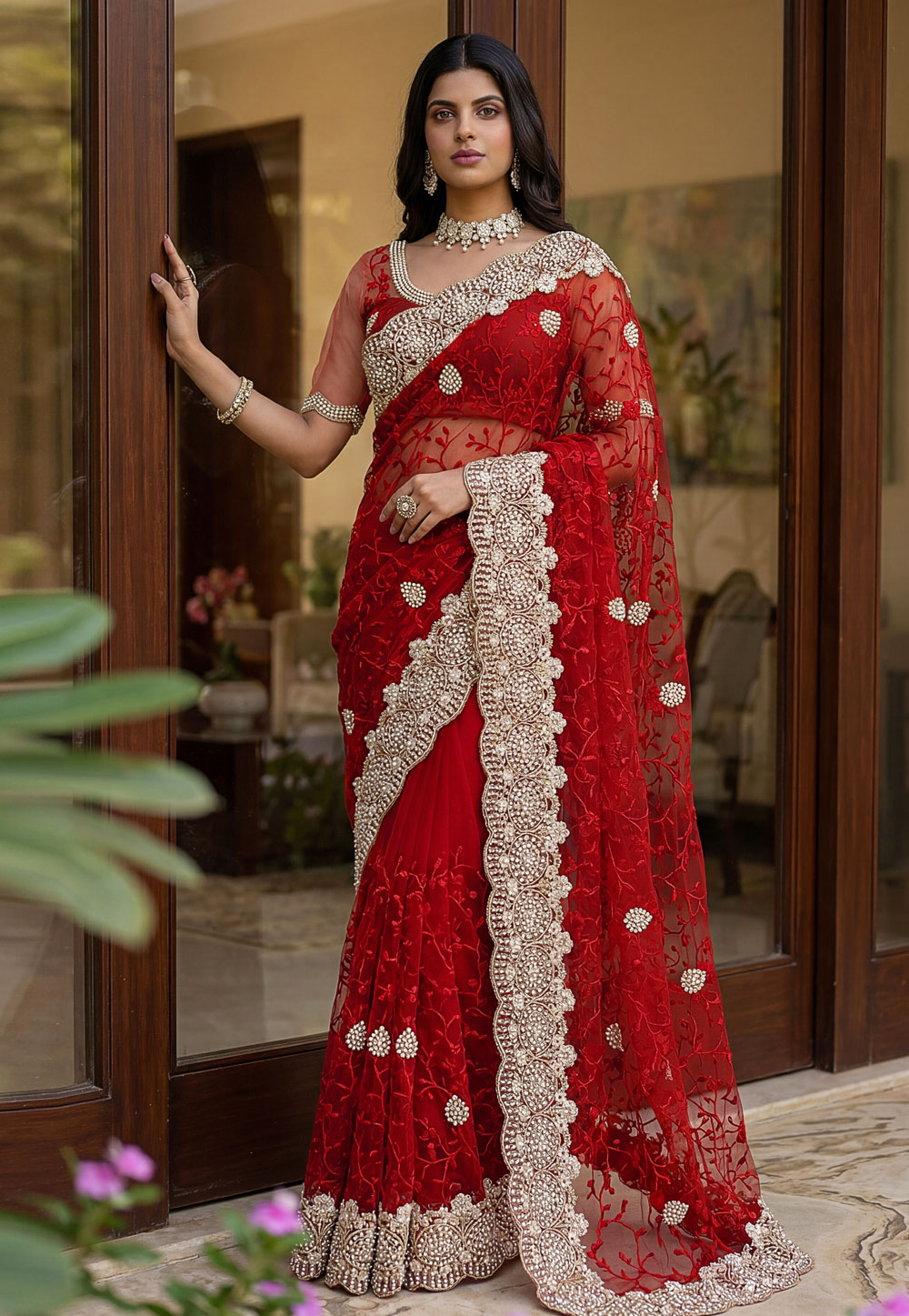 Red Net Saree With Blouse 328066