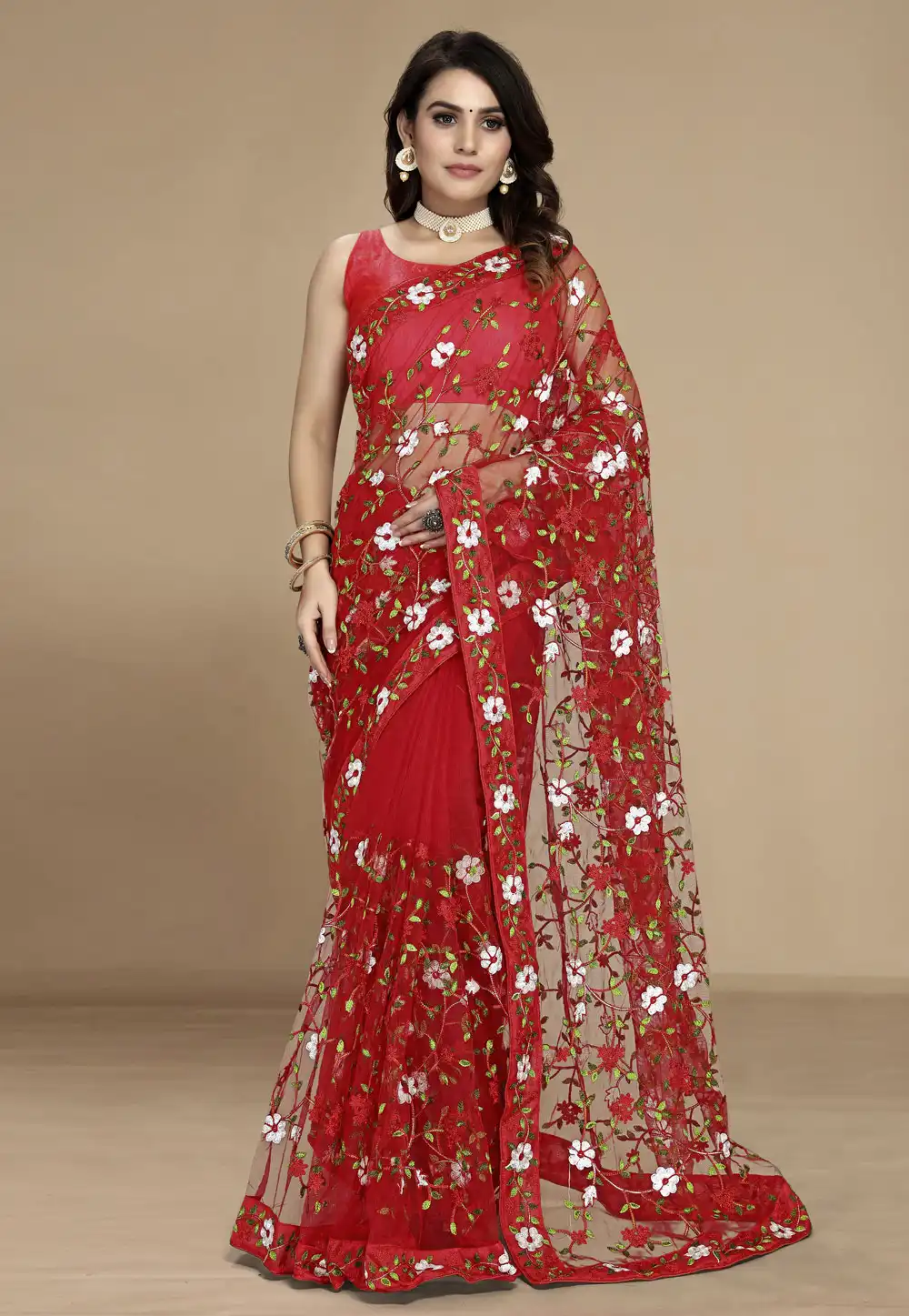 Red Net Saree With Blouse 311588