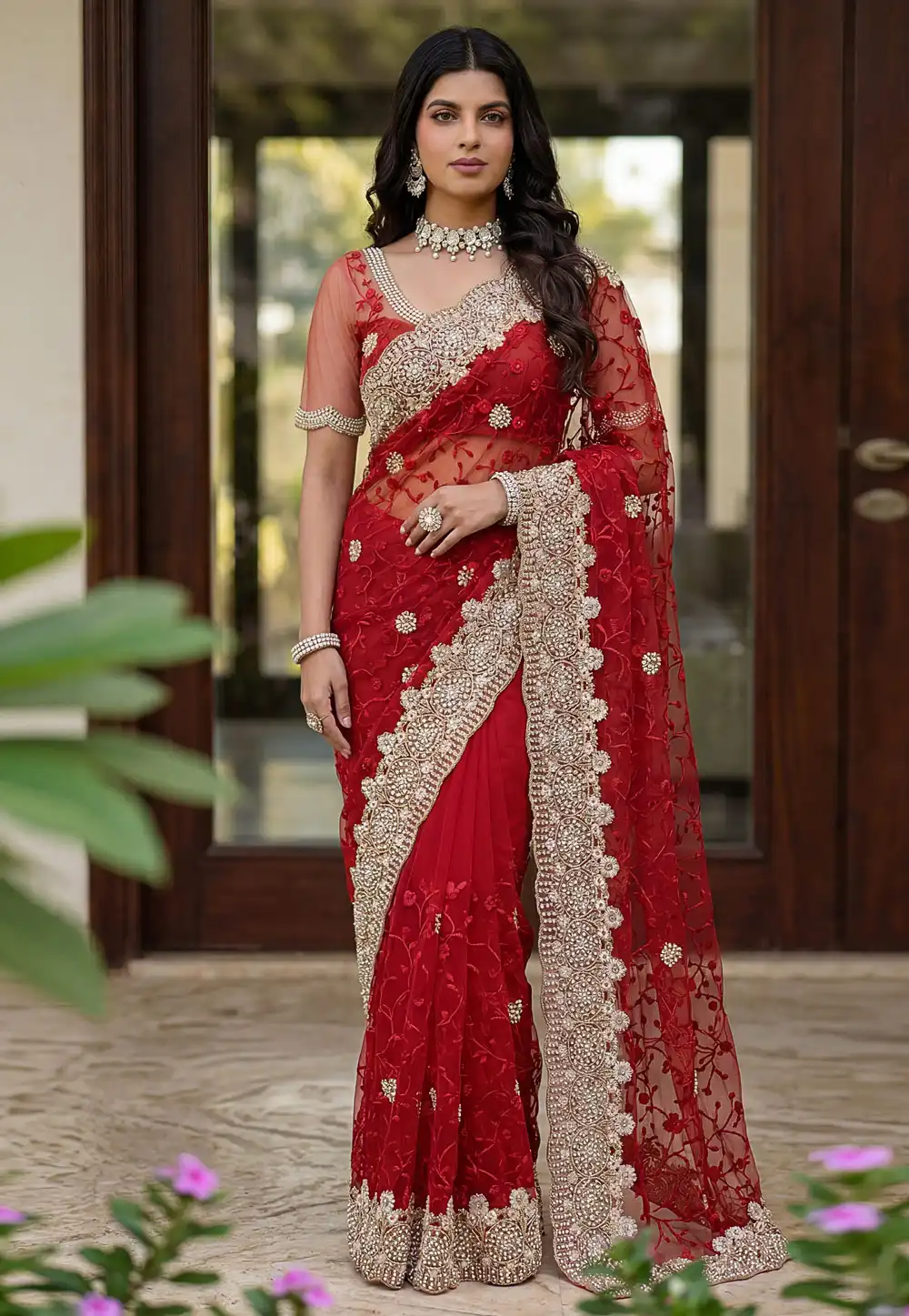 Red Net Saree With Blouse 330561