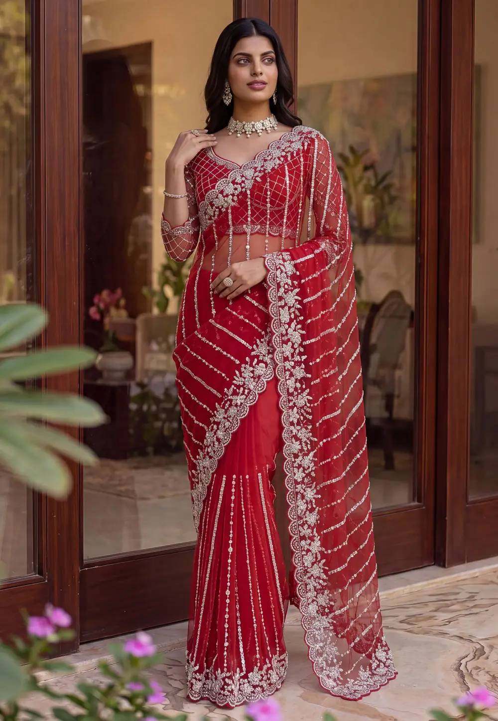 Red Net Saree With Blouse 334809