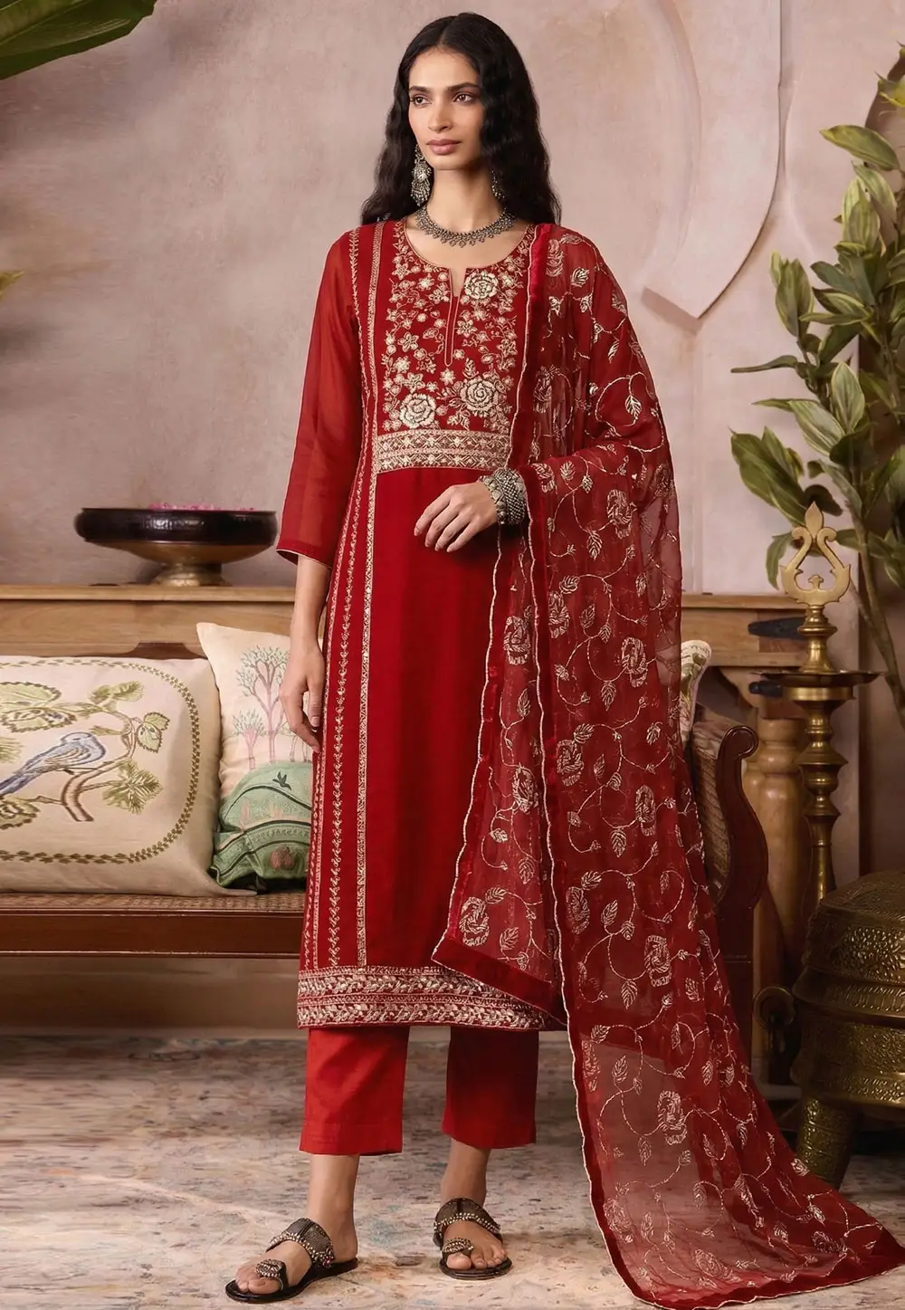Red Organza Readymade Pant Style Suit 332619