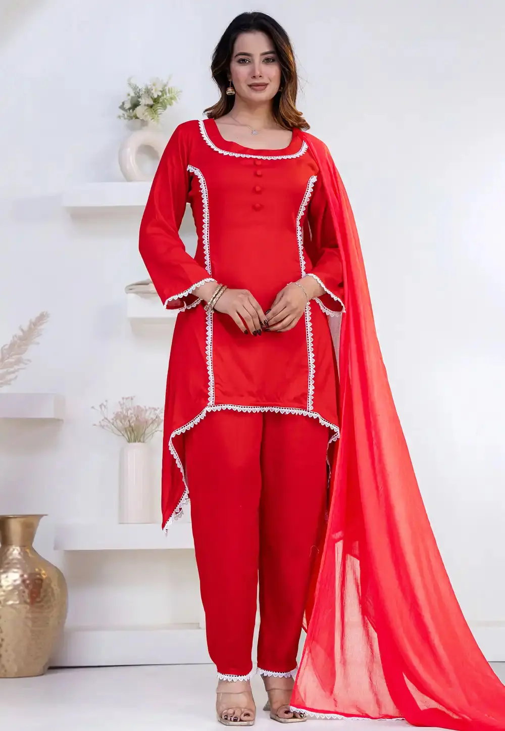 Red Rayon Asymmetrical Anarkali Suit 325459