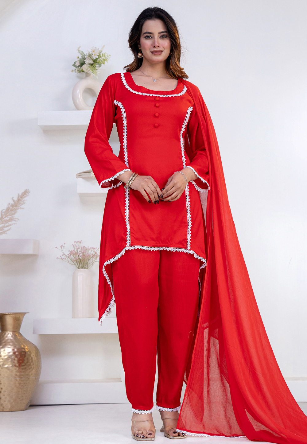 Red Rayon Asymmetrical Anarkali Suit 325459