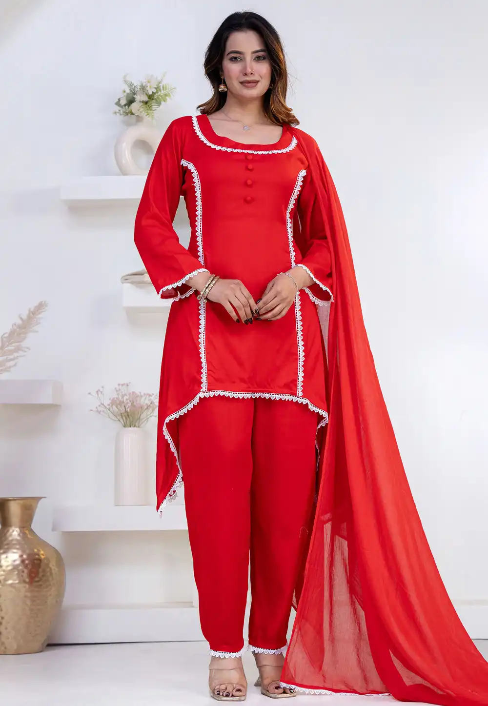 Red Rayon Asymmetrical Anarkali Suit 325459
