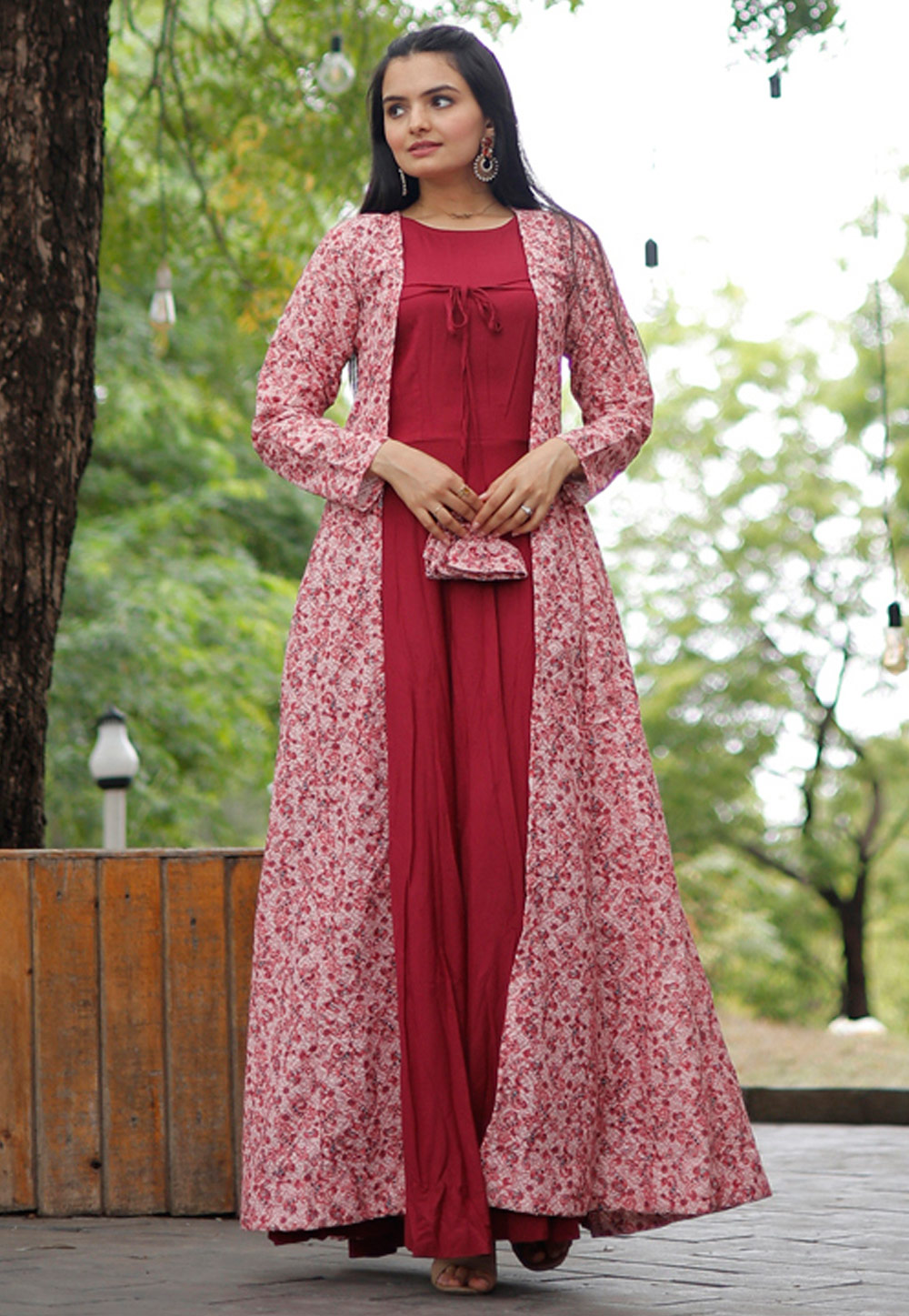 Red Rayon Gown With Jacket 280883