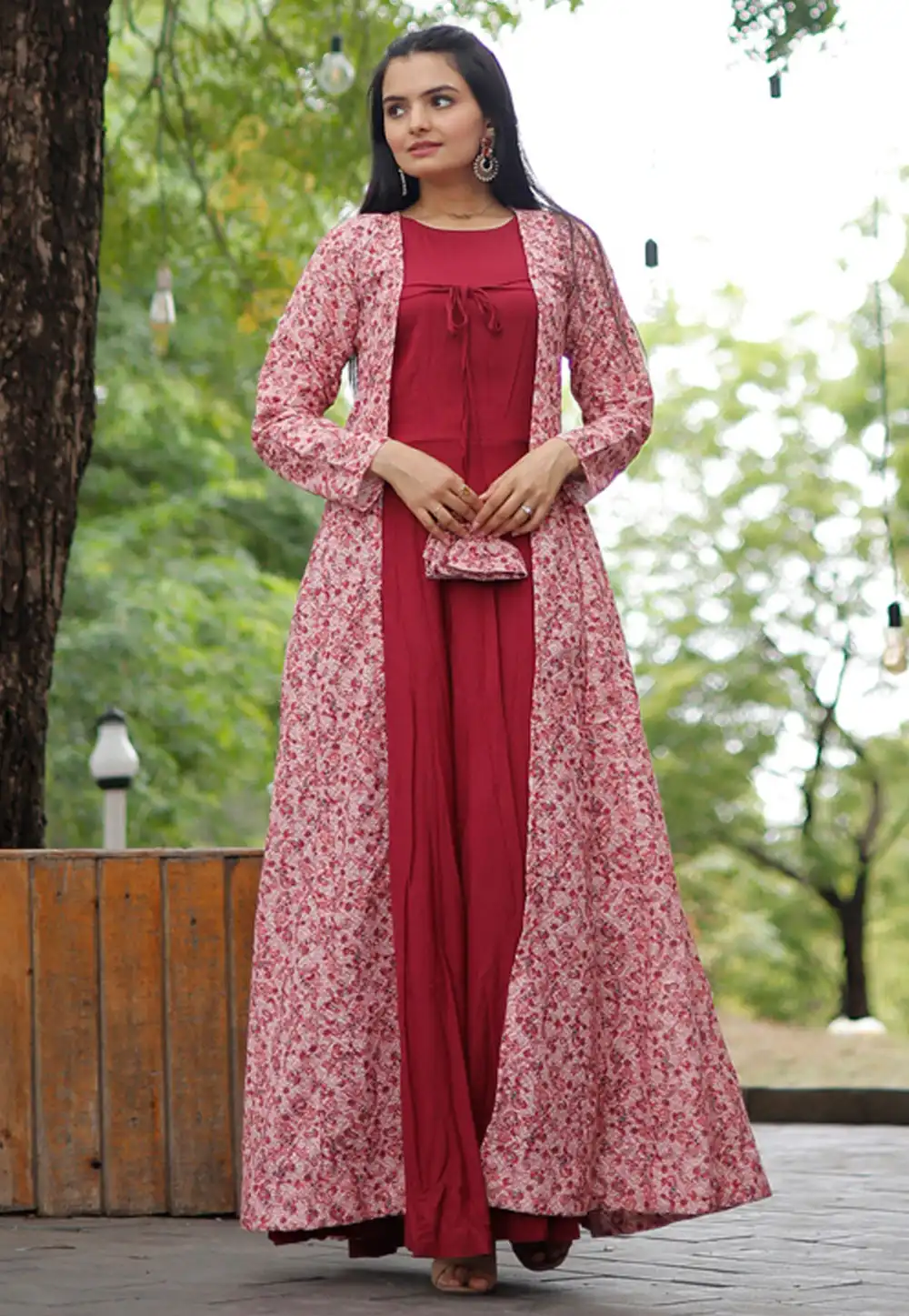 Red Rayon Gown With Jacket 280883