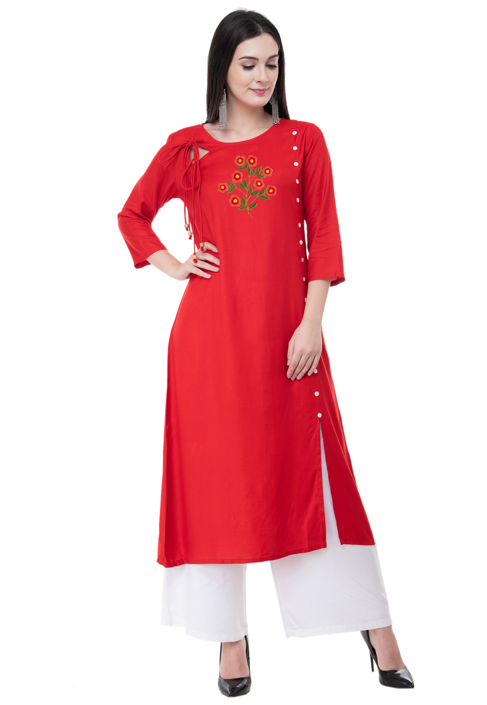 Red Rayon Kurta Set With Palazzo 306794