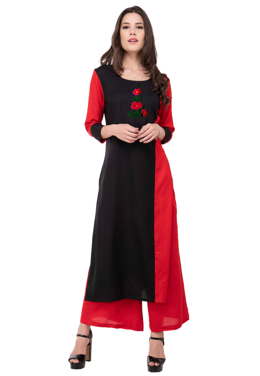 Red Rayon Kurta Set With Palazzo 306797