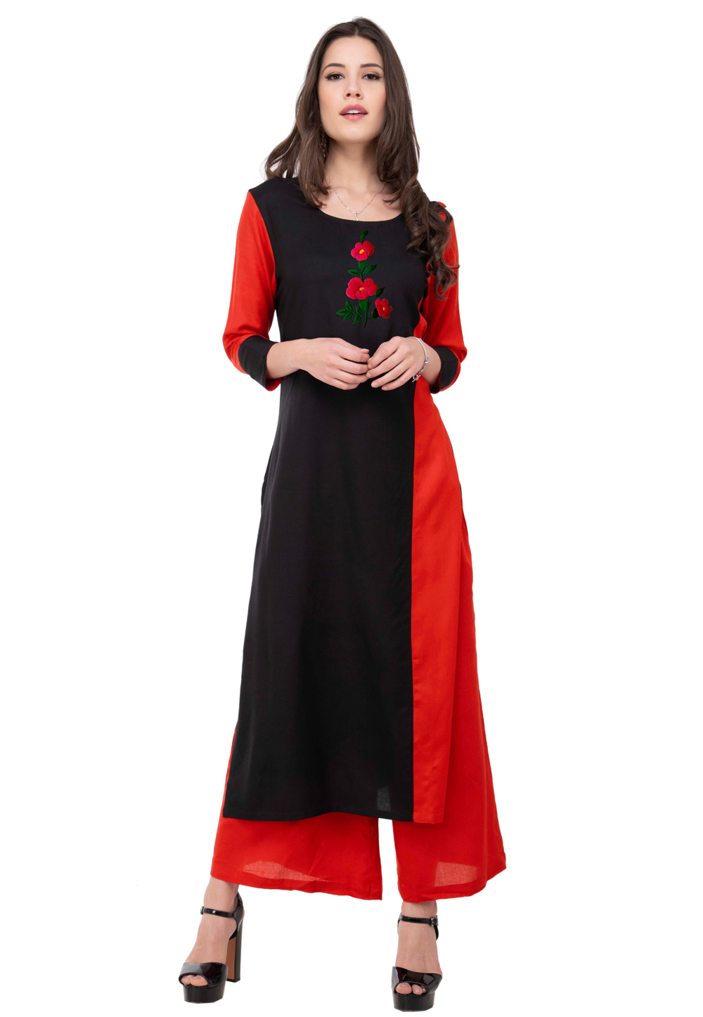 Red Rayon Kurta Set With Palazzo 306802
