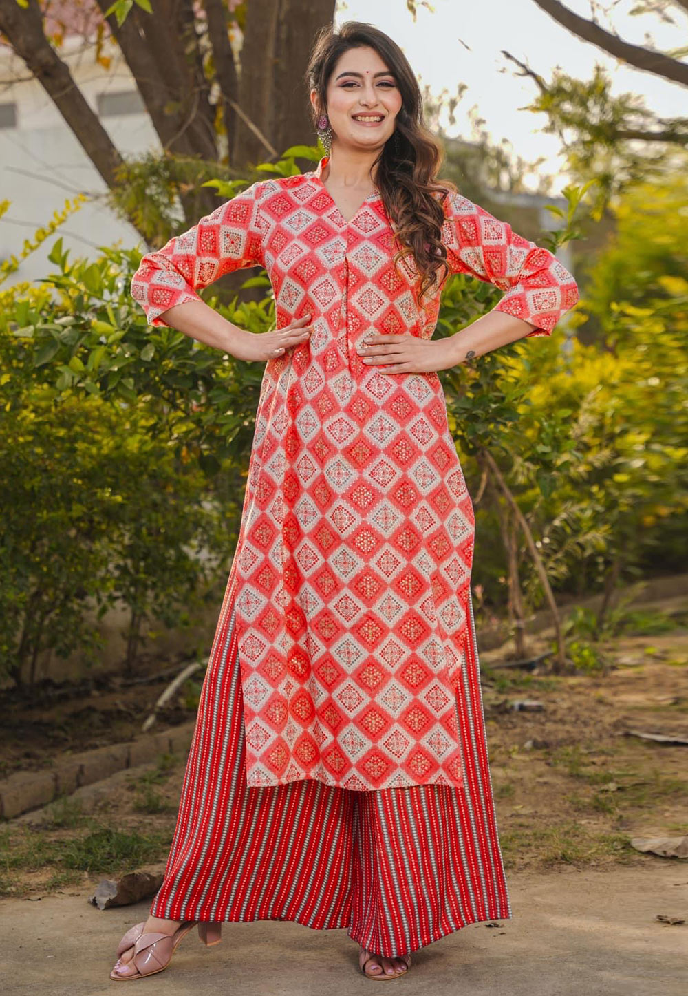 Red Rayon Kurta Set With Palazzo 281936