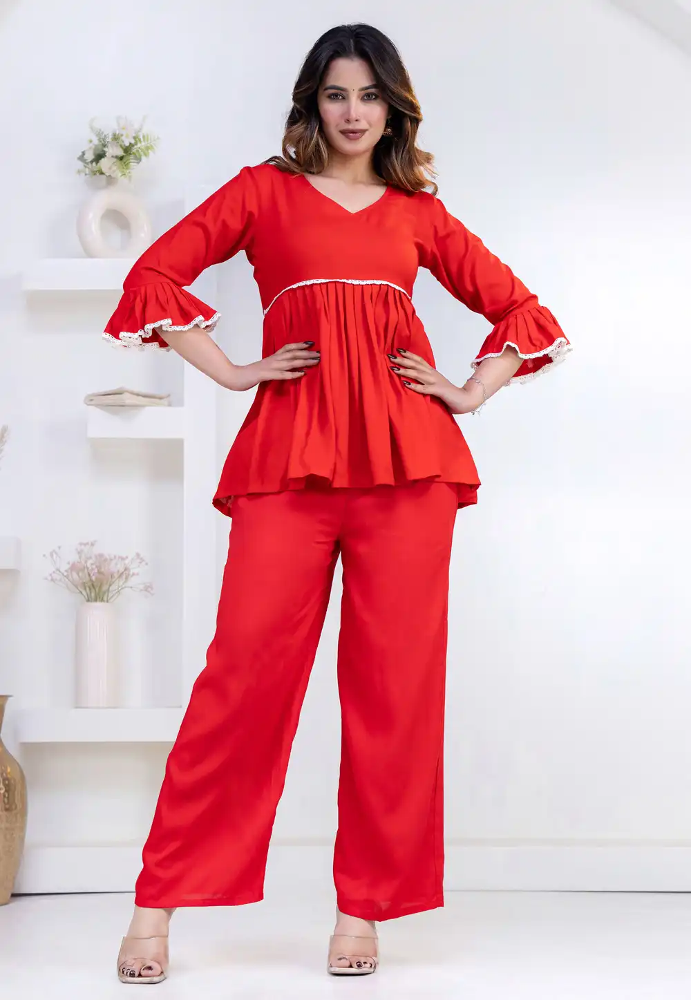 Red Rayon Kurta Set With Palazzo 327283