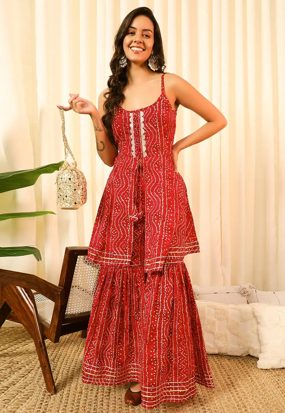 Red Rayon Kurta Set With Sharara 319952
