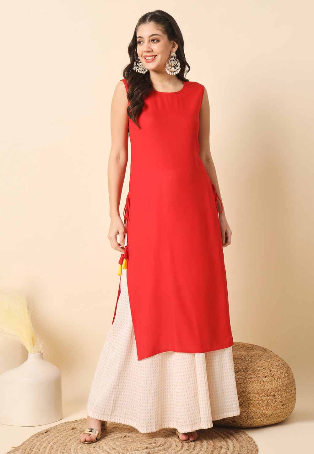 Red Rayon Long Kurti 308654