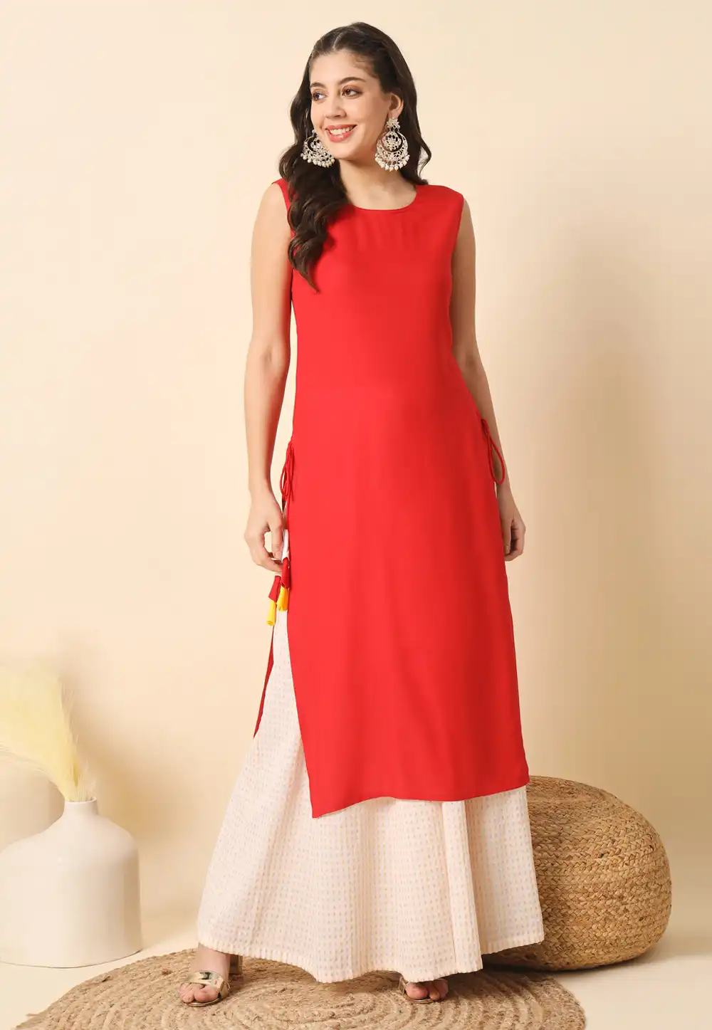 Red Rayon Long Kurti 308654
