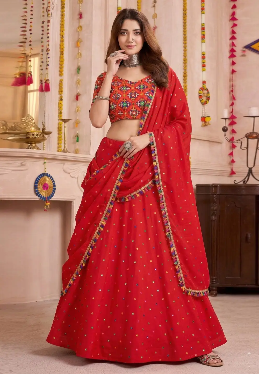 Red Rayon Navratri Chaniya Choli 333956
