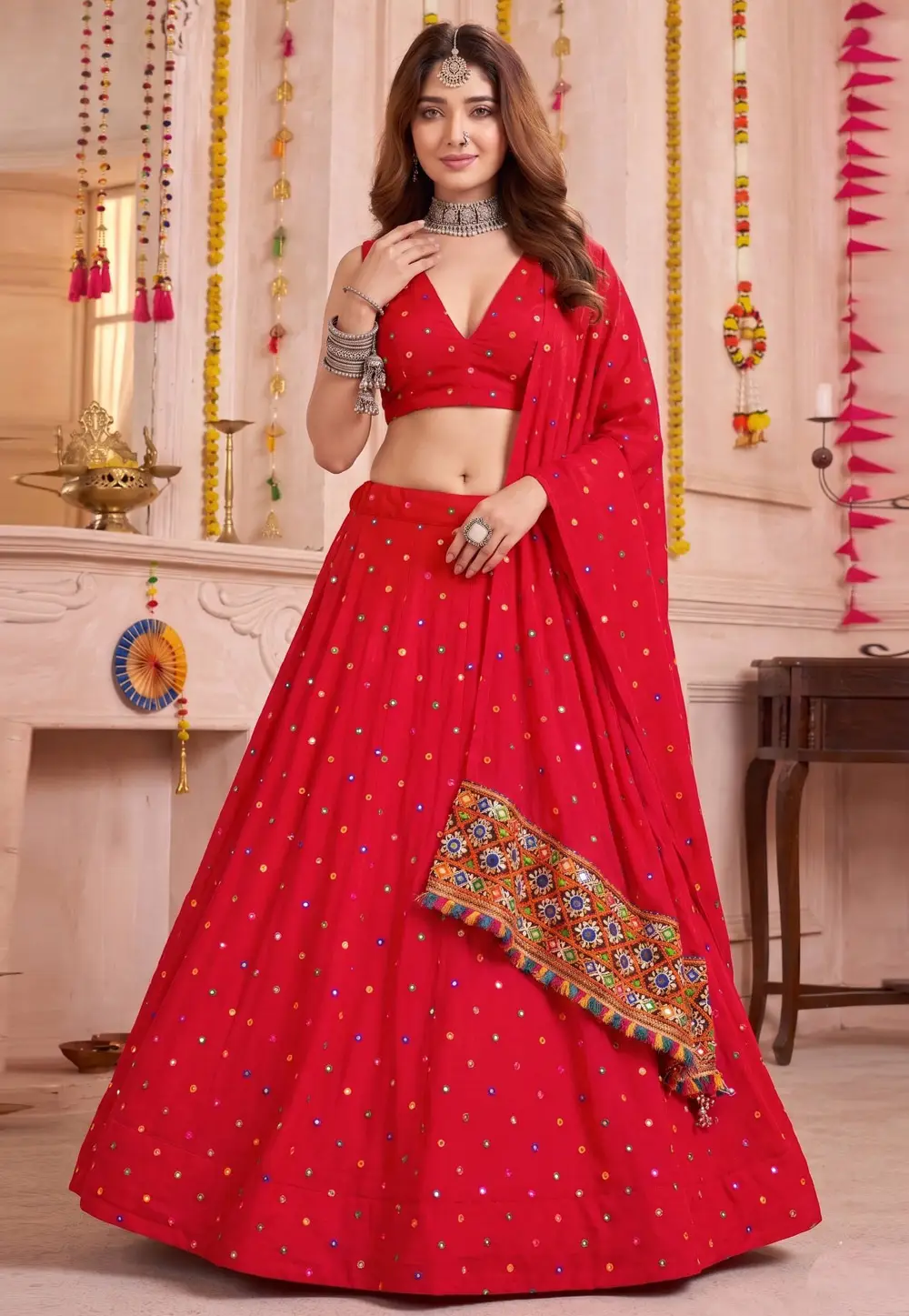 Red Rayon Navratri Chaniya Choli 333962