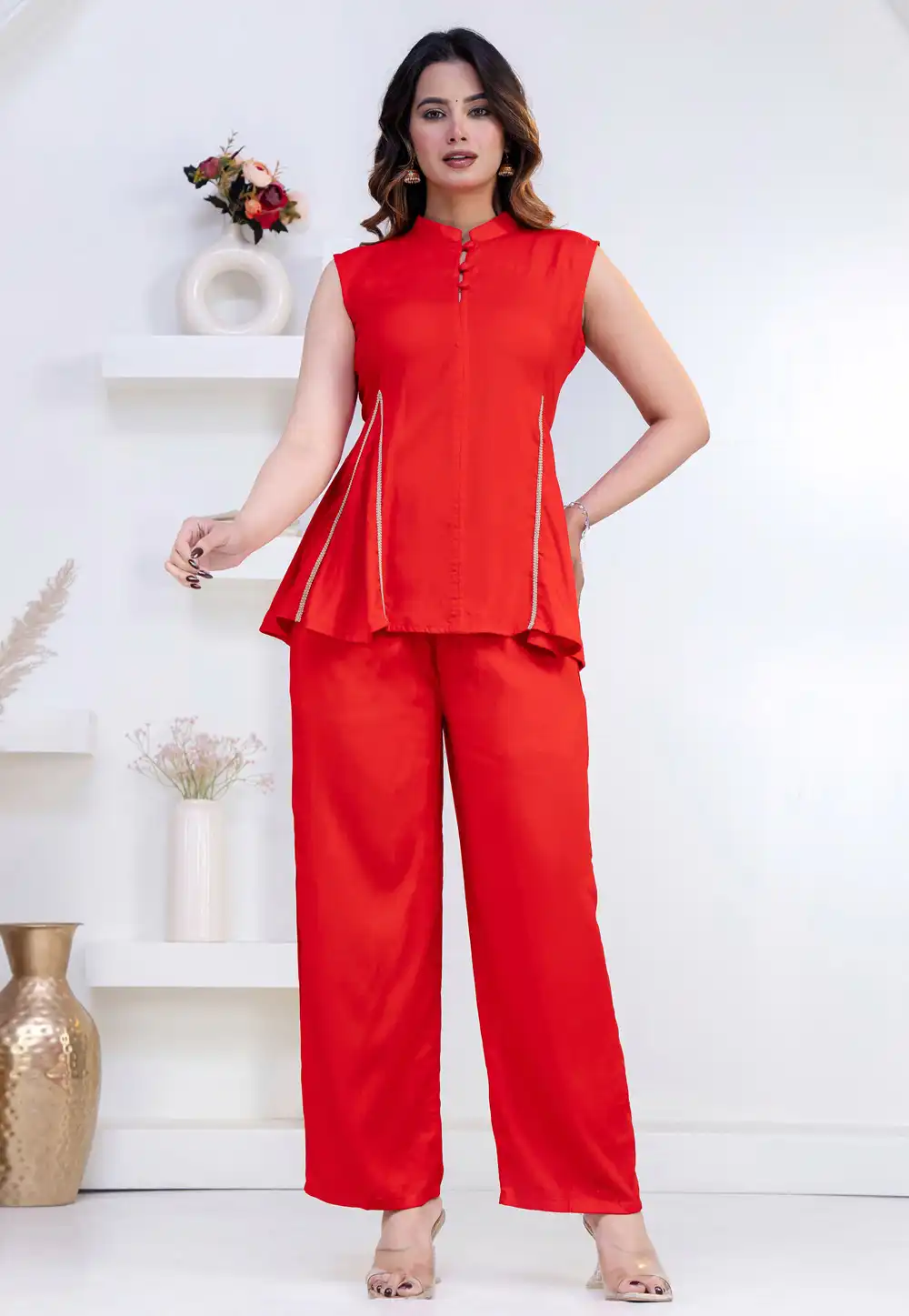 Red Rayon Peplum Suit 327296