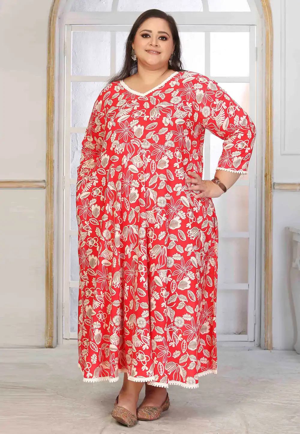 Red Rayon Printed Long Kurti 312220