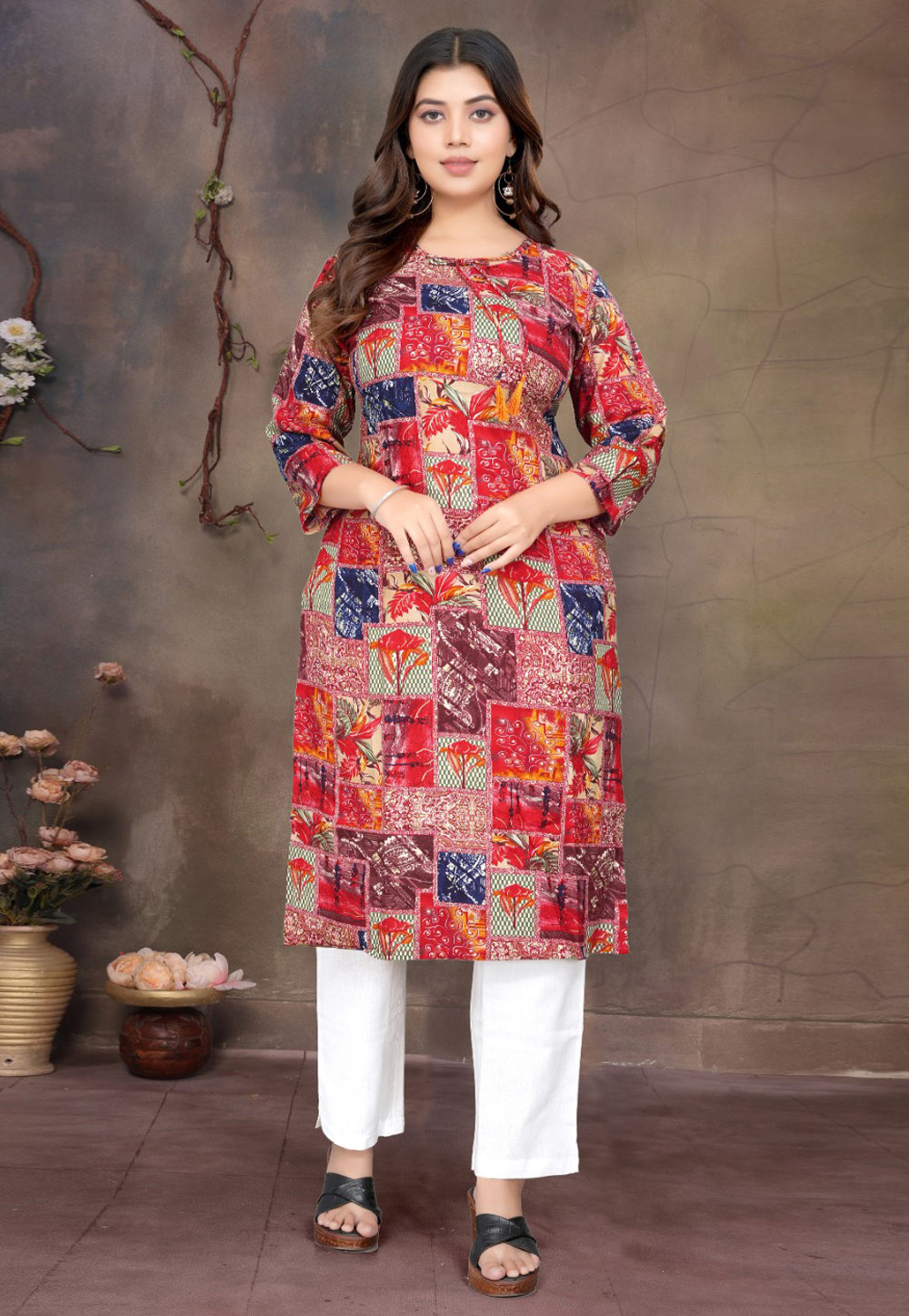 Red Rayon Printed Long Kurti 312623