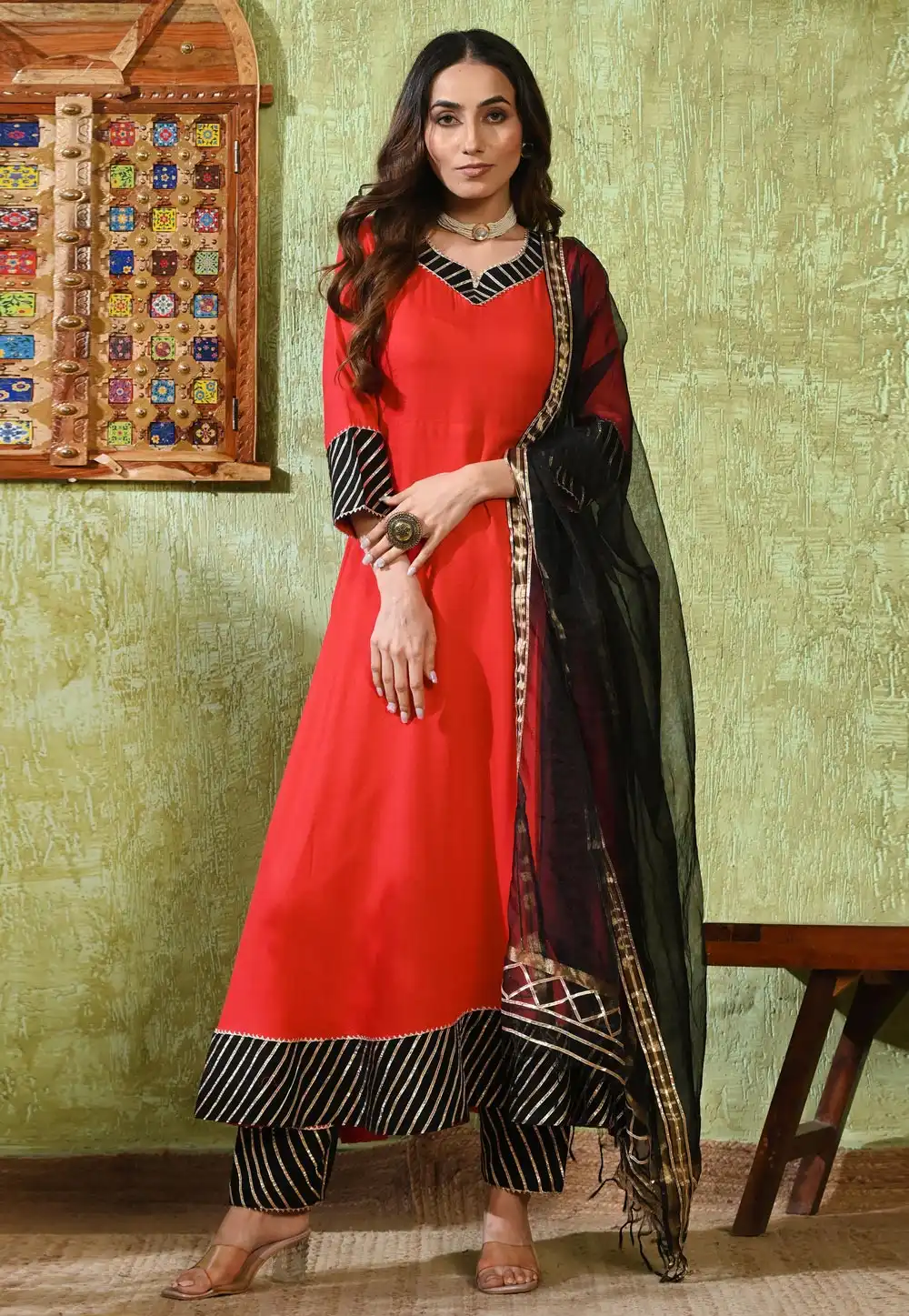 Red Rayon Readymade Anarkali Suit 326583