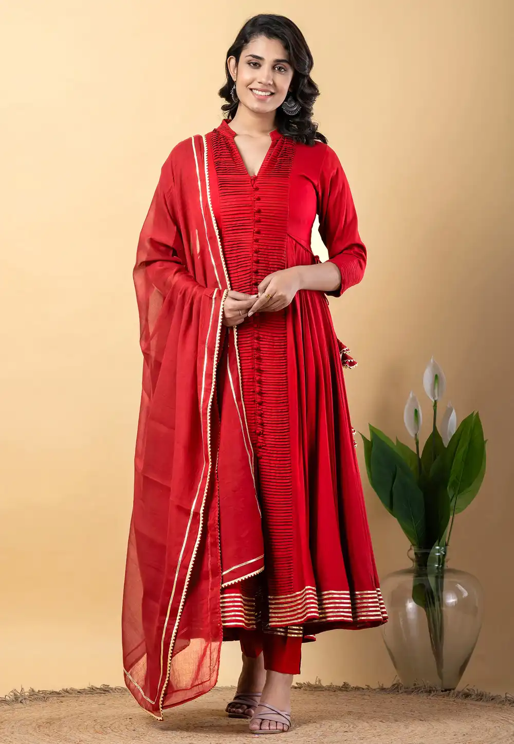 Red Rayon Readymade Anarkali Suit 317106
