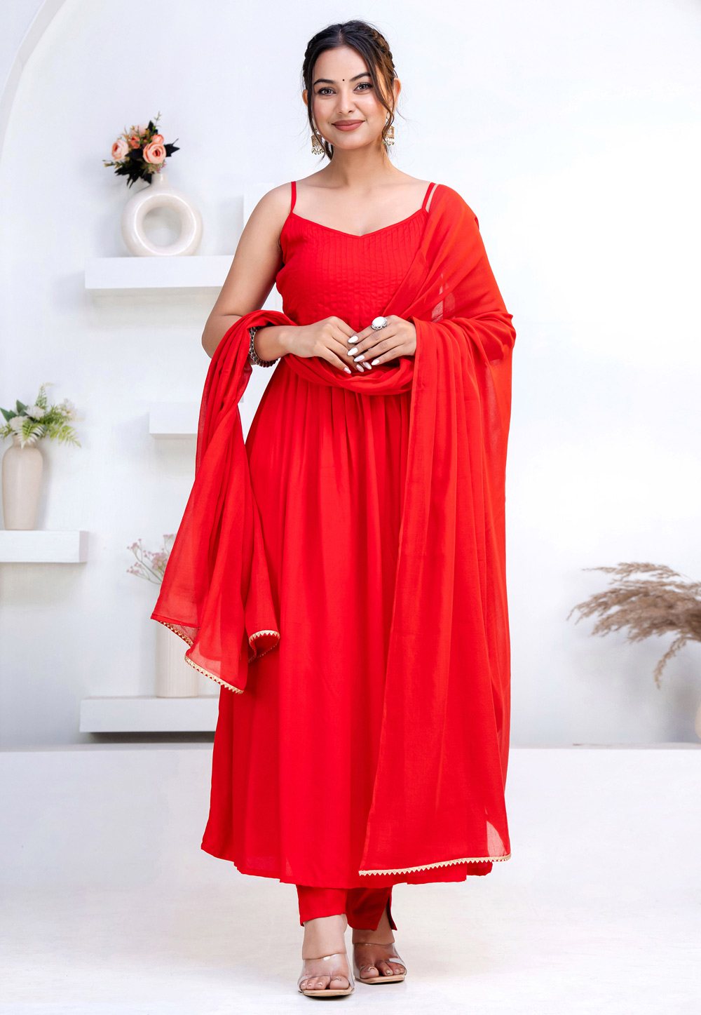 Red Rayon Readymade Anarkali Suit 325433