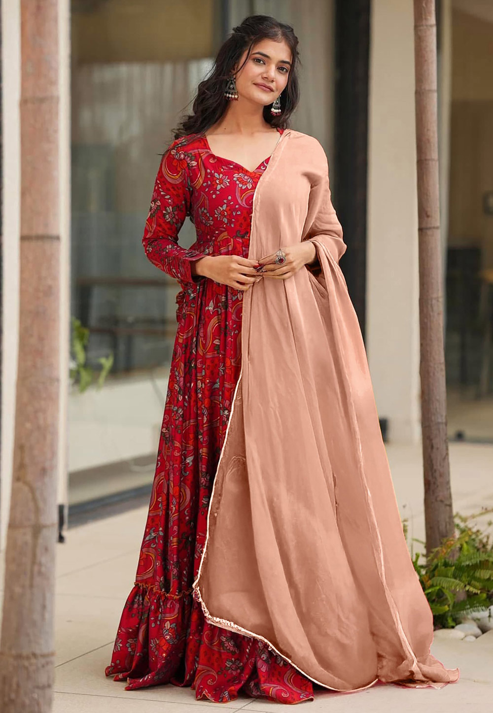 Red Rayon Readymade Long Anarkali Suit 308280