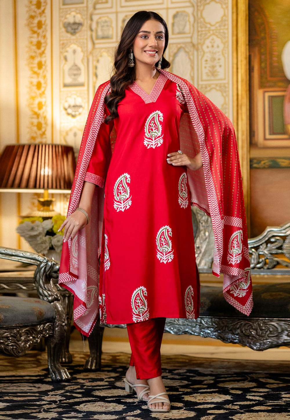 Red Rayon Readymade Pakistani Suit 322408