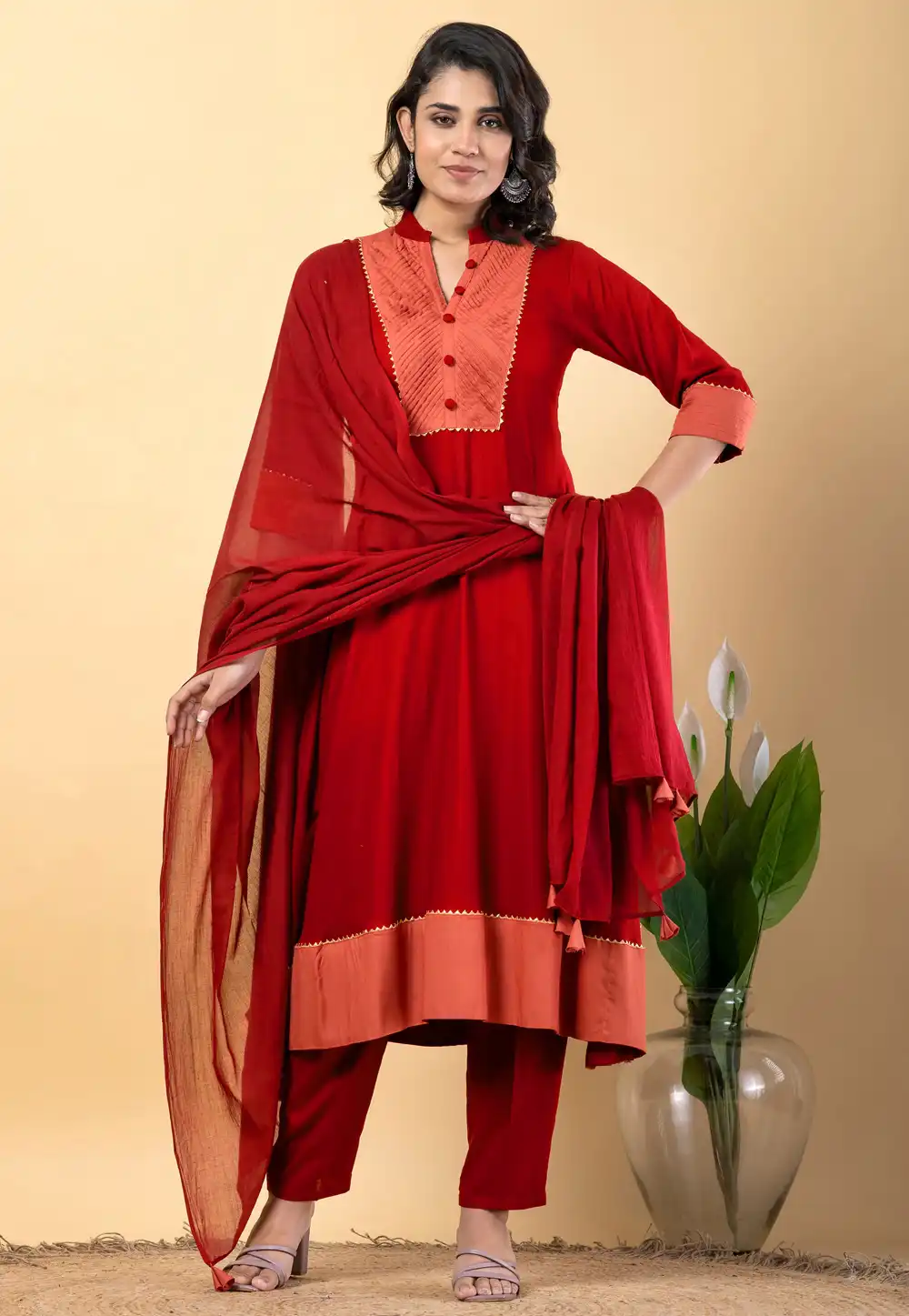Red Rayon Readymade Pakistani Suit 306585