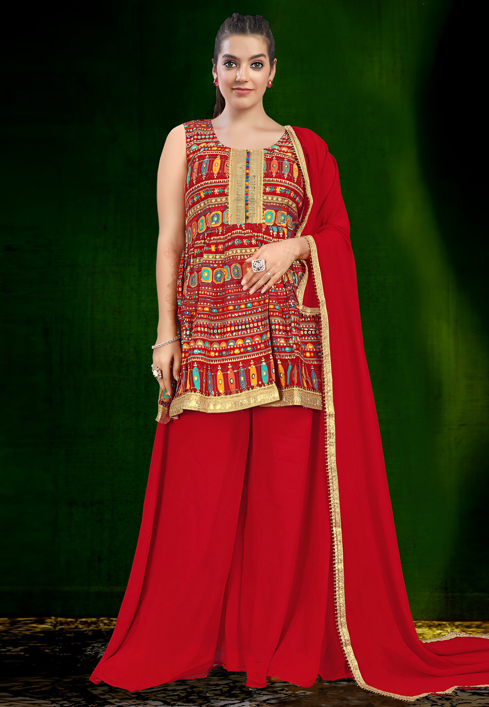 Red Rayon Readymade Palazzo Suit 308161