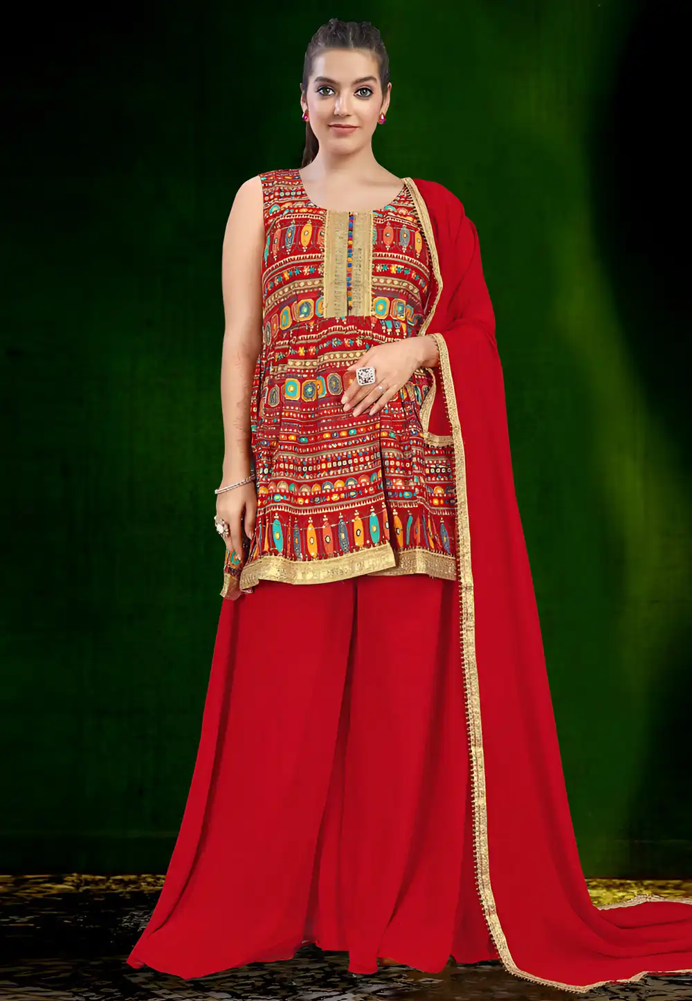 Red Rayon Readymade Palazzo Suit 308161