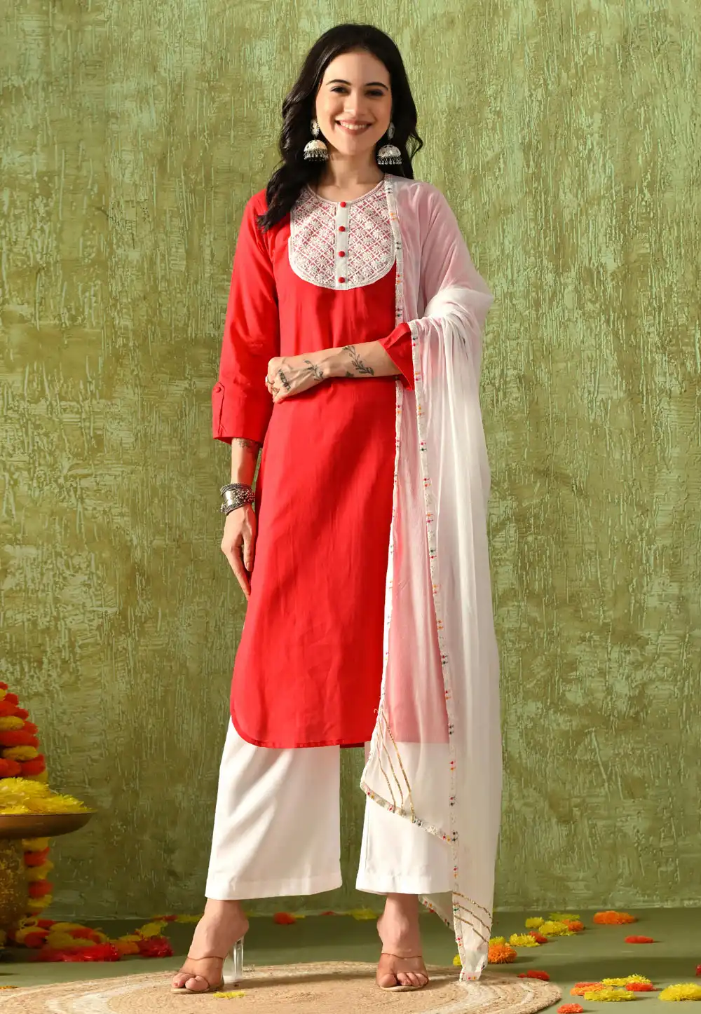 Red Rayon Readymade Palazzo Suit 321801