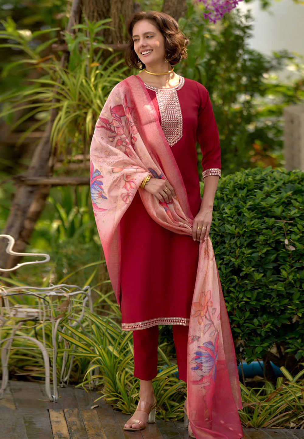 Red Rayon Readymade Pant Style Suit 311996