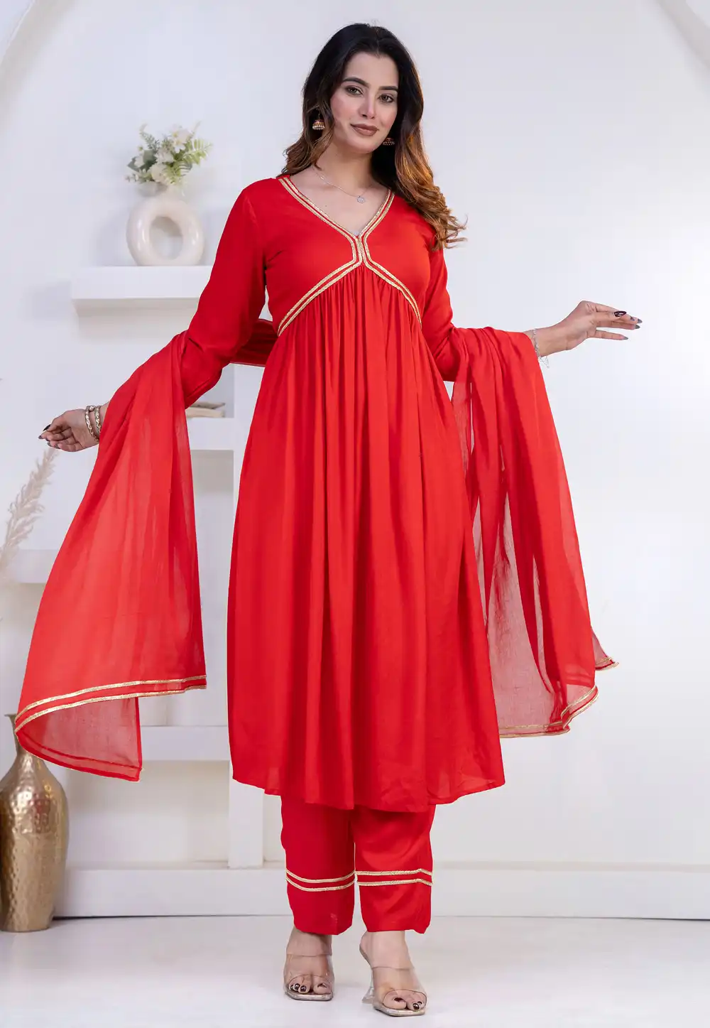 Red Rayon Readymade Pant Style Suit 325447