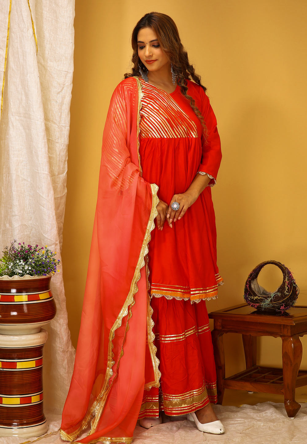 Red Rayon Readymade Sharara Suit 280409