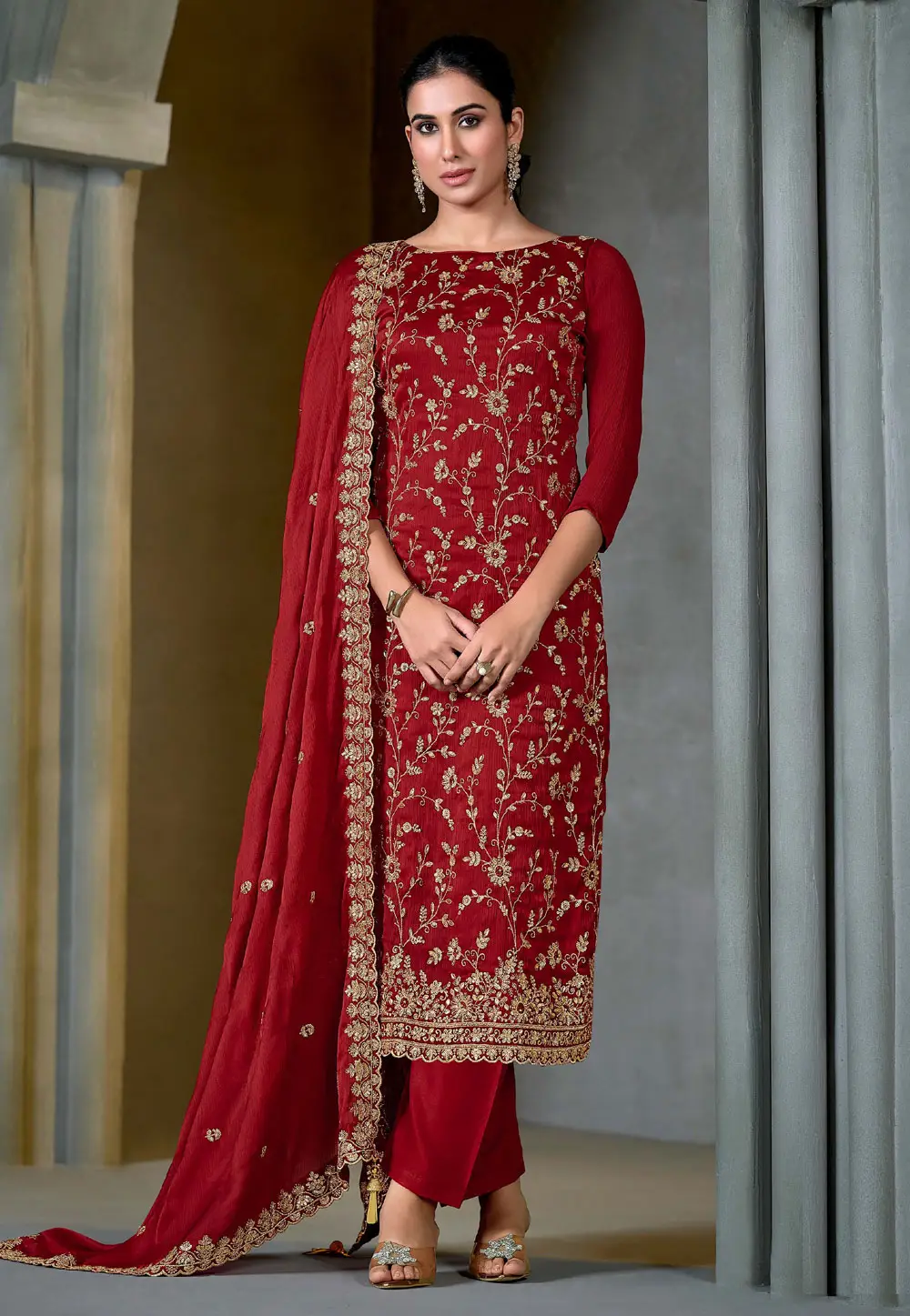 Red Satin Chiffon Embroidered Straight Suit 336775