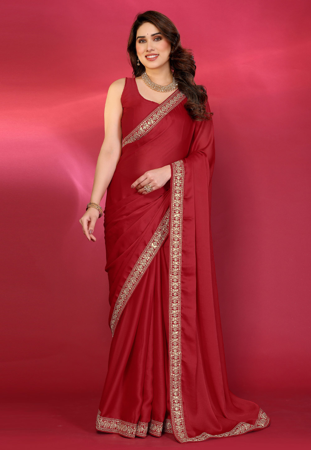 Red Satin Chiffon Saree With Blouse 327526