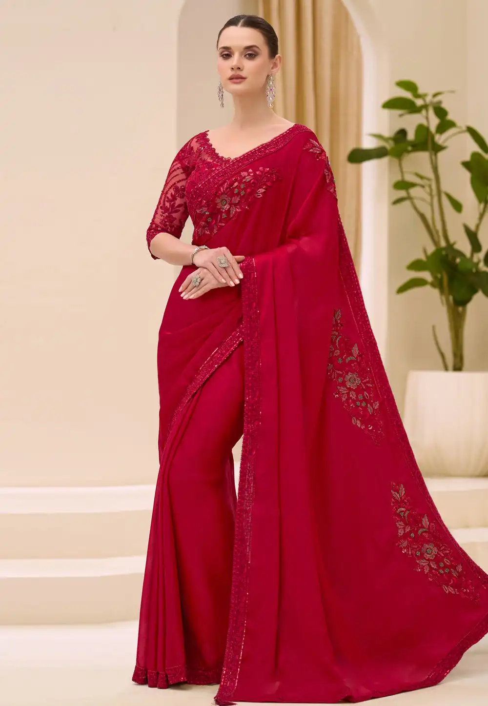 Red Satin Chiffon Saree With Blouse 326387