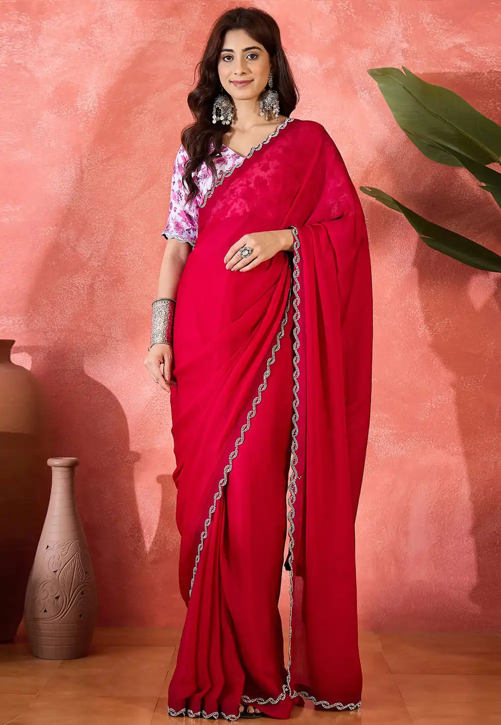 Red Satin Chiffon Saree With Blouse 316729
